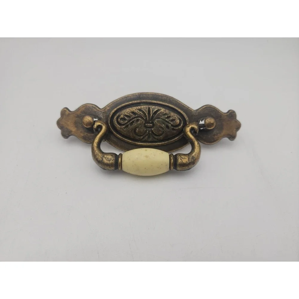 VTG Brass Drop Bail Drawer Pull Handle Hardware With 4 Knobs Wheat Ceramic